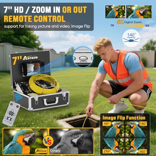 Sewer Camera 100FT, Can Connect External Monitor, Zoom in and Out, IP68 Waterproof, 12 pcs Adjustable Light, Plumbing Snake Cam with DVR Pipe Video Inspection, for Sewer Line, Drain, Duct, Plumbing