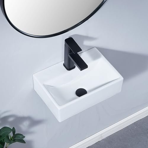 SHACO 14x10 Inch Wall Mount Bathroom Sink with Wall Mount Screw, One Hole White Rectangular Modern Porcelain Ceramic Wall Mounted Sink for Laundry Half Bath Small Bathroom