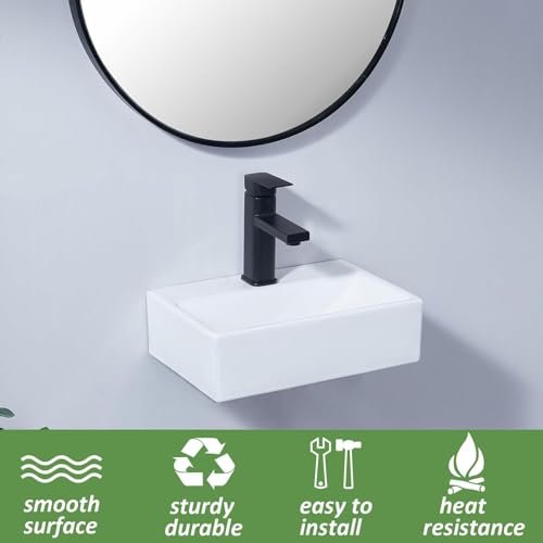 SHACO 14x10 Inch Wall Mount Bathroom Sink with Wall Mount Screw, One Hole White Rectangular Modern Porcelain Ceramic Wall Mounted Sink for Laundry Half Bath Small Bathroom