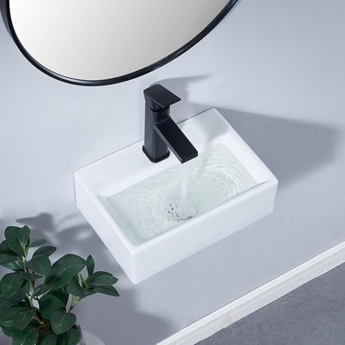 SHACO 14x10 Inch Wall Mount Bathroom Sink with Wall Mount Screw, One Hole White Rectangular Modern Porcelain Ceramic Wall Mounted Sink for Laundry Half Bath Small Bathroom