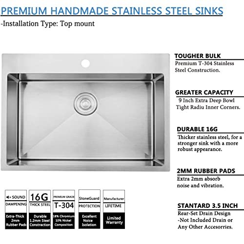 SHACO Commercial 28 inch 16 Gauge Top mount Drop-in Single Bowl Basin Handmade T304 Brushed Nickel Kitchen Sink, Stainless Steel 9 Inch Deep Kitchen Sinks, Fregadero