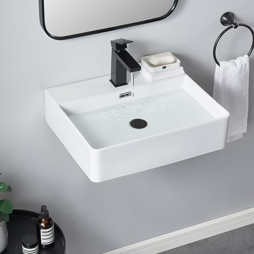 SHACO Wall Mounted Bathroom Sink, 20x16 Inch Small Ceramic Bathroom Sink with Wall Mount Screw, Commercial Wall Hung Floating Sink White Single Hole Lavatory Powder Room Washroom