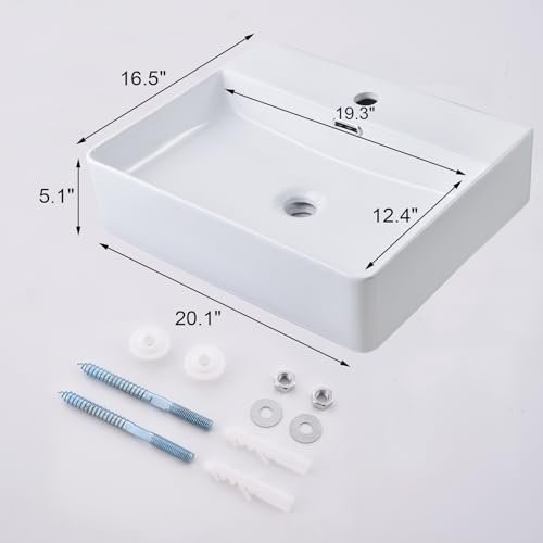 SHACO Wall Mounted Bathroom Sink, 20x16 Inch Small Ceramic Bathroom Sink with Wall Mount Screw, Commercial Wall Hung Floating Sink White Single Hole Lavatory Powder Room Washroom