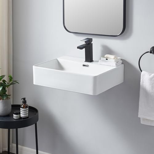 SHACO Wall Mounted Bathroom Sink, 20x16 Inch Small Ceramic Bathroom Sink with Wall Mount Screw, Commercial Wall Hung Floating Sink White Single Hole Lavatory Powder Room Washroom