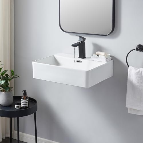 SHACO Wall Mounted Bathroom Sink, 20x16 Inch Small Ceramic Bathroom Sink with Wall Mount Screw, Commercial Wall Hung Floating Sink White Single Hole Lavatory Powder Room Washroom