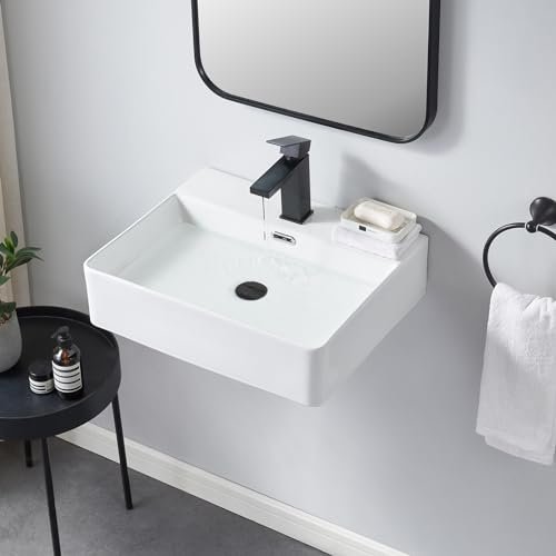 SHACO Wall Mounted Bathroom Sink, 20x16 Inch Small Ceramic Bathroom Sink with Wall Mount Screw, Commercial Wall Hung Floating Sink White Single Hole Lavatory Powder Room Washroom