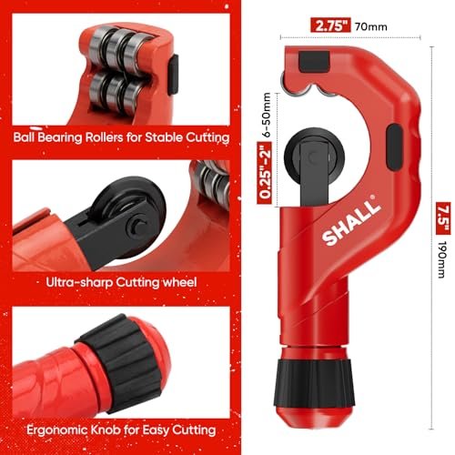 SHALL 4-Piece Tubing Cutter Set, 1/4’’ to 2’’OD Heavy Duty Copper Pipe Cutter, 1/8’’ to 7/8’’ Mini Tube Cutter, Deburring Tool & Inner Outer Pipe Reamer for Copper, Aluminum, Stainless Steel, PVC Pipe