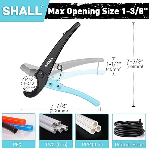 SHALL PEX Pipe Cutter, Cuts up to 1-3/8’’, Fast Tubing Cutter for PEX, Plastic Hoses, PVC, CPVC, PP-R, PE (Thin), etc., Aluminum Alloy Pipe Cutting Tool with Stainless Steel Blade for Clean Cut
