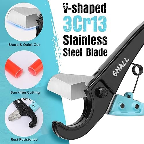 SHALL PEX Pipe Cutter, Cuts up to 1-3/8’’, Fast Tubing Cutter for PEX, Plastic Hoses, PVC, CPVC, PP-R, PE (Thin), etc., Aluminum Alloy Pipe Cutting Tool with Stainless Steel Blade for Clean Cut