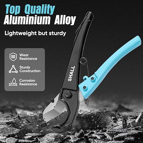 SHALL PEX Pipe Cutter, Cuts up to 1-3/8’’, Fast Tubing Cutter for PEX, Plastic Hoses, PVC, CPVC, PP-R, PE (Thin), etc., Aluminum Alloy Pipe Cutting Tool with Stainless Steel Blade for Clean Cut