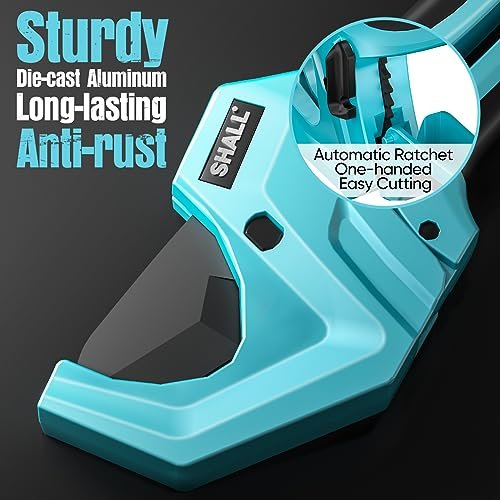 SHALL PVC Pipe Cutter, Cuts up to 2-1/2”, Heavy-Duty Aluminum Ratchet Pipe Cutter Tool for PVC, PPR, PE, PEX, Plastic Hoses & Plumbing Pipes, Fast Pipe Tube Cutters with High Performance SK5 Blade