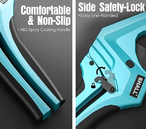 SHALL PVC Pipe Cutter, Cuts up to 2-1/2”, Heavy-Duty Aluminum Ratchet Pipe Cutter Tool for PVC, PPR, PE, PEX, Plastic Hoses & Plumbing Pipes, Fast Pipe Tube Cutters with High Performance SK5 Blade