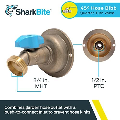 SharkBite 1/2 x 3/4 Inch MHT 45 Degree Hose Bibb, Quarter Turn, Push To Connect Brass Plumbing Fitting, PEX Pipe, Copper, CPVC, PE-RT, HDPE, 24630LF