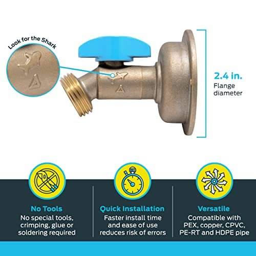 SharkBite 1/2 x 3/4 Inch MHT 45 Degree Hose Bibb, Quarter Turn, Push To Connect Brass Plumbing Fitting, PEX Pipe, Copper, CPVC, PE-RT, HDPE, 24630LF