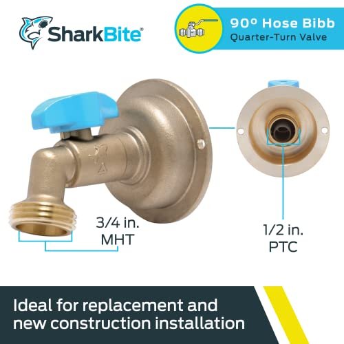 SharkBite 1/2 x 3/4 Inch MHT 90 Degree Hose Bibb, Quarter Turn, Push To Connect Brass Plumbing Fitting, PEX Pipe, Copper, CPVC, PE-RT, HDPE, 24620LF
