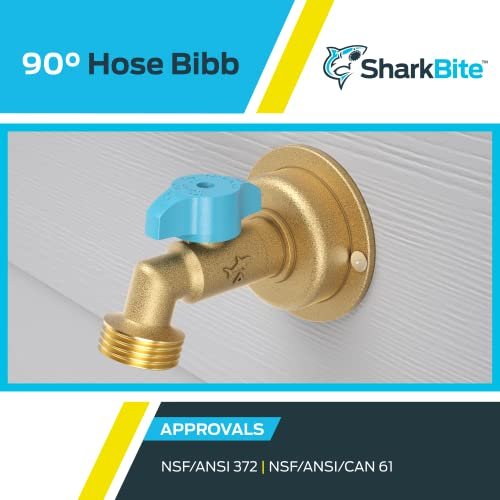 SharkBite 1/2 x 3/4 Inch MHT 90 Degree Hose Bibb, Quarter Turn, Push To Connect Brass Plumbing Fitting, PEX Pipe, Copper, CPVC, PE-RT, HDPE, 24620LF