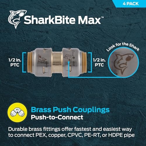 SharkBite Max 1/2 Inch Coupling, Pack of 4, Push to Connect Brass Plumbing Fitting, PEX Pipe, Copper, CPVC, PE-RT, HDPE, UR008A4