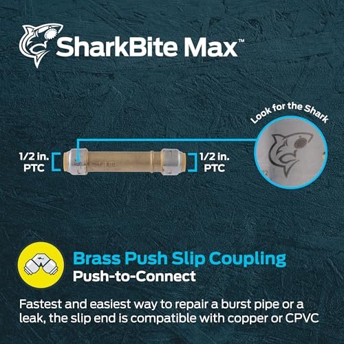 SharkBite Max 1/2 Inch Slip Coupling, Push to Connect Brass Plumbing Fitting, PEX Pipe, Copper, CPVC, PE-RT, HDPE, UR3008A