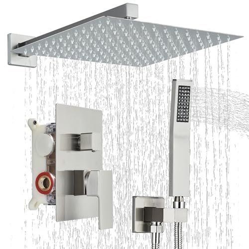 Shower Faucet Set Brushed Nickel Shower System with 12 Inches Rain Shower Head and Handheld Sprayer Wall Mounted Shower Fixture Set with Brass Shower Valve