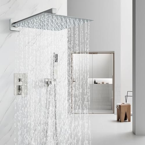 Shower Faucet Set Brushed Nickel Shower System with 12 Inches Rain Shower Head and Handheld Sprayer Wall Mounted Shower Fixture Set with Brass Shower Valve