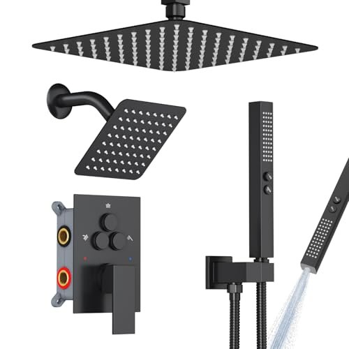 Shower Faucet Set Shower System - EMBATHER Matte Black Push Button Diverter Dual Shower Faucet Valve Kit with Rainfall Ceiling Mount 10 Inch Shower Head 6 Inch Wall Mount, 2 in 1 Handheld for Couple