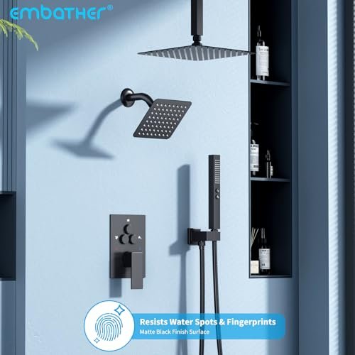 Shower Faucet Set Shower System - EMBATHER Matte Black Push Button Diverter Dual Shower Faucet Valve Kit with Rainfall Ceiling Mount 10 Inch Shower Head 6 Inch Wall Mount, 2 in 1 Handheld for Couple