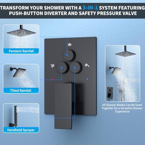 Shower Faucet Set Shower System - EMBATHER Matte Black Push Button Diverter Dual Shower Faucet Valve Kit with Rainfall Ceiling Mount 10 Inch Shower Head 6 Inch Wall Mount, 2 in 1 Handheld for Couple