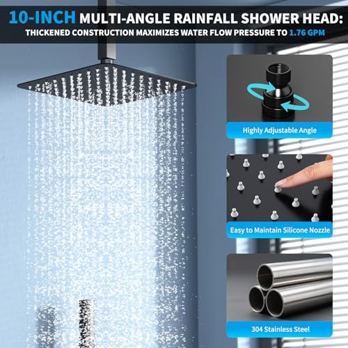 Shower Faucet Set Shower System - EMBATHER Matte Black Push Button Diverter Dual Shower Faucet Valve Kit with Rainfall Ceiling Mount 10 Inch Shower Head 6 Inch Wall Mount, 2 in 1 Handheld for Couple