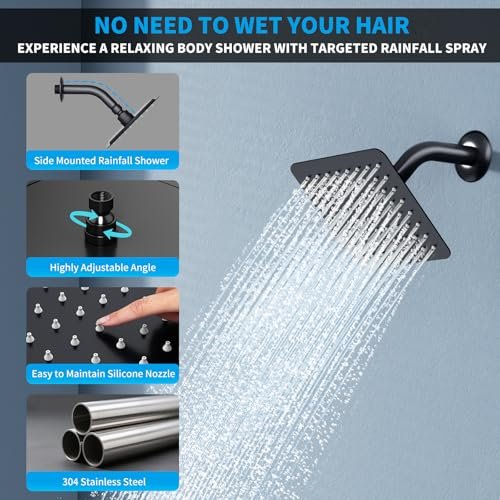 Shower Faucet Set Shower System - EMBATHER Matte Black Push Button Diverter Dual Shower Faucet Valve Kit with Rainfall Ceiling Mount 10 Inch Shower Head 6 Inch Wall Mount, 2 in 1 Handheld for Couple
