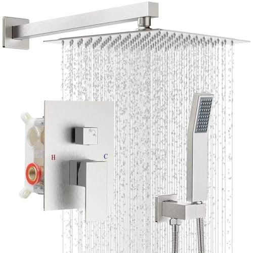 Shower Faucet set with Shower head, Wall Mount 10 Inch Round Rainfall Shower Head and Handle Set Single Handle Shower System Set with Female Threads Valve Body and Trim Included(Brush Nickel)