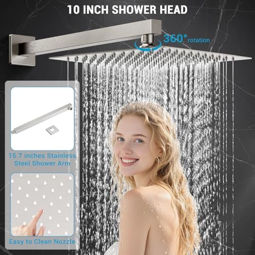 Shower Faucet set with Shower head, Wall Mount 10 Inch Round Rainfall Shower Head and Handle Set Single Handle Shower System Set with Female Threads Valve Body and Trim Included(Brush Nickel)
