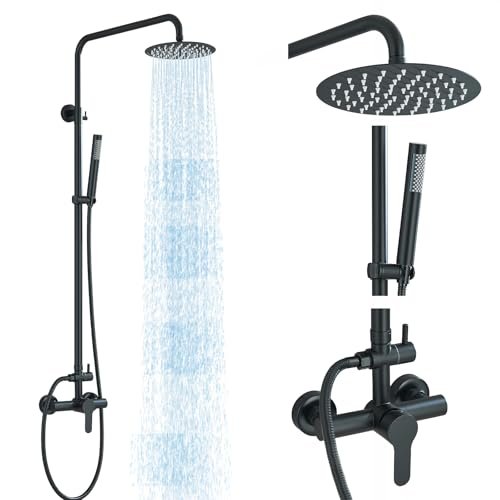 Shower System Matte Black Outdoor Shower Fixtures with 8" Rain Shower Head Handheld Sprayer Single Handle 304 Stainless Steel Wall Mounted Shower Shower Faucet Combo for Bathroom or Backyard