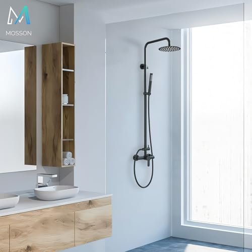 Shower System Matte Black Outdoor Shower Fixtures with 8" Rain Shower Head Handheld Sprayer Single Handle 304 Stainless Steel Wall Mounted Shower Shower Faucet Combo for Bathroom or Backyard