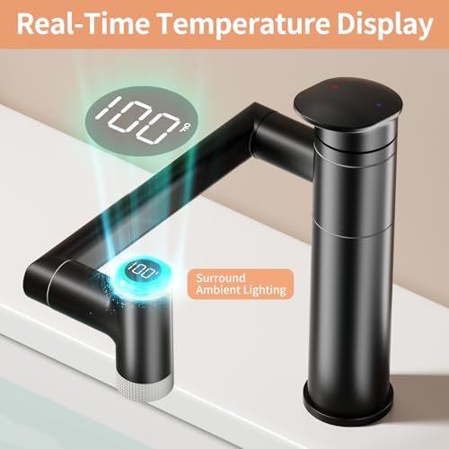SINGSUO 1080°Rotatable Bathroom Vanity Faucet 1 Hole, Height Adjustable Single Handle Sink Faucet Bathroom with 2 Water Outlet Modes, Bar Sink Tap Single Hole with Temperature Display (Black)