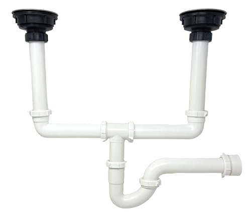 Sink Drain Pipe Kit, 1 ½” All-in-One Plumbing Set with Metal Strainer Baskets, Plastic P-Traps and Replacement Pipes, for Double Bowl Kitchen and Patio Sinks