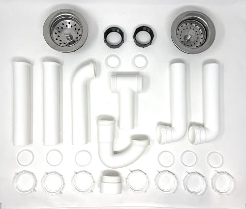 Sink Drain Pipe Kit, 1 ½” All-in-One Plumbing Set with Metal Strainer Baskets, Plastic P-Traps and Replacement Pipes, for Double Bowl Kitchen and Patio Sinks