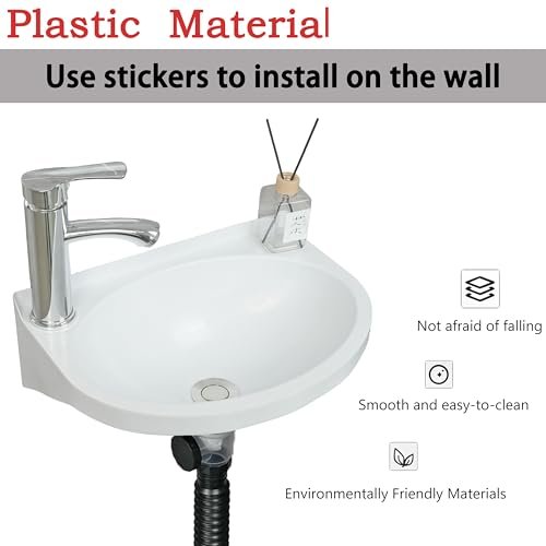 Small Bathroom Sink Wall Mount Bathroom Sink Wash basin, No-Drill Installation Self-Adhesive Sink 15.7 x 11 Inch with 1.26/0.86 Inch Faucet Hole, Mini Rv sink Plastic Sink for Home, Dorm, Garage