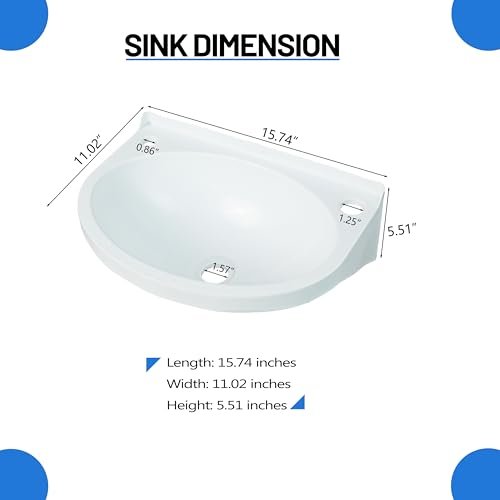 Small Bathroom Sink Wall Mount Bathroom Sink Wash basin, No-Drill Installation Self-Adhesive Sink 15.7 x 11 Inch with 1.26/0.86 Inch Faucet Hole, Mini Rv sink Plastic Sink for Home, Dorm, Garage