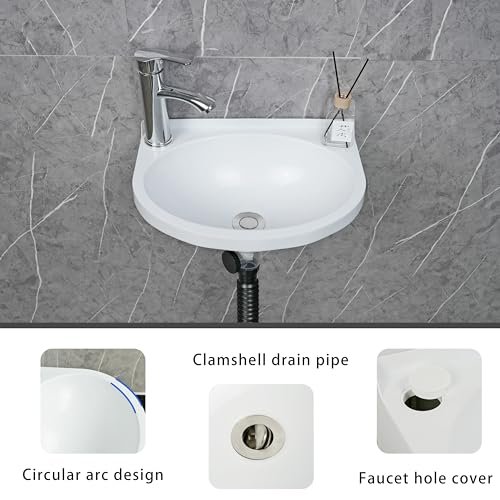 Small Bathroom Sink Wall Mount Bathroom Sink Wash basin, No-Drill Installation Self-Adhesive Sink 15.7 x 11 Inch with 1.26/0.86 Inch Faucet Hole, Mini Rv sink Plastic Sink for Home, Dorm, Garage