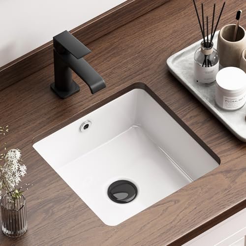 Small Square Undermount Bathroom Sink, QISHKA 13.8" x 13.8" Ceramic Undercounter Vanity Sink White Porcelain Vessel Sink, Mini Rectangle Wash Basin with Overflow for Restroom