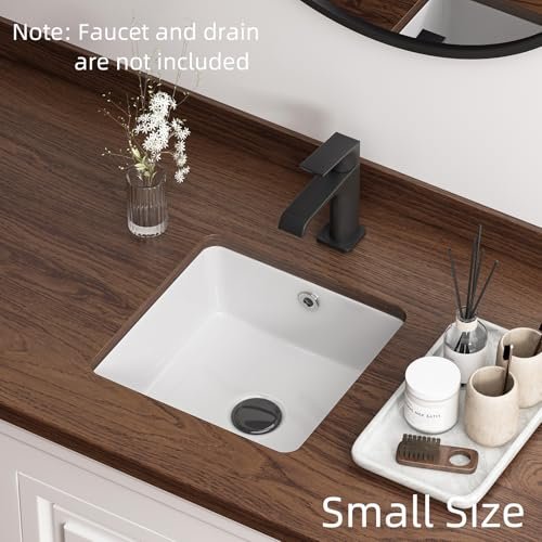 Small Square Undermount Bathroom Sink, QISHKA 13.8" x 13.8" Ceramic Undercounter Vanity Sink White Porcelain Vessel Sink, Mini Rectangle Wash Basin with Overflow for Restroom
