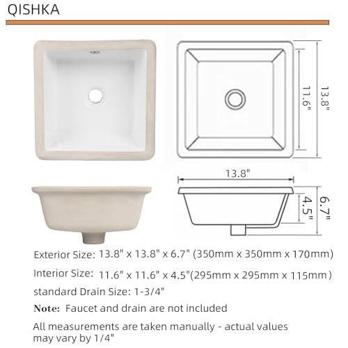 Small Square Undermount Bathroom Sink, QISHKA 13.8" x 13.8" Ceramic Undercounter Vanity Sink White Porcelain Vessel Sink, Mini Rectangle Wash Basin with Overflow for Restroom