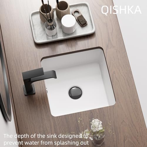 Small Square Undermount Bathroom Sink, QISHKA 13.8" x 13.8" Ceramic Undercounter Vanity Sink White Porcelain Vessel Sink, Mini Rectangle Wash Basin with Overflow for Restroom