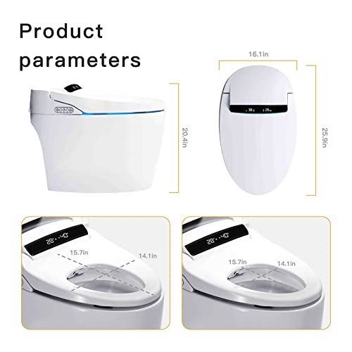 Smart Toilet, One Piece Bidet Toilet for Bathrooms, Toilets with Warm Water Sprayer & Dryer, Foot Sensor Operation, Heated Bidet Seat, Tankless Toilets with Fahrenheit LED Display