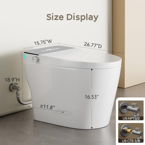 Smart Toilet with Bidet Built In, One Piece Bidet Toilet with Auto Dual Flush, Foam Shield, Modern Elongated Tankless Toilet with Foot Sensor, Heated Bidet Seat, Warm Water & Dryer,LED Display