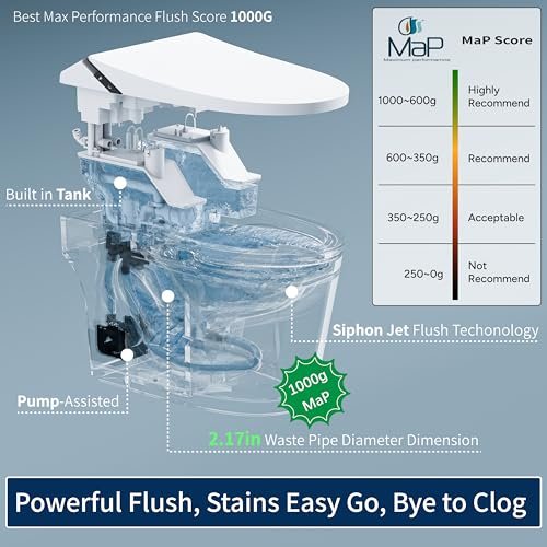 Smart Toilet with Bidet Built in, Toilets with Tank, Auto Open Close, Auto Flush, Foot Sensor, Heated Seat, Warm Water, Foam Dispenser, Elongated Bidets for Modern Bathroom, Remote, Night Light