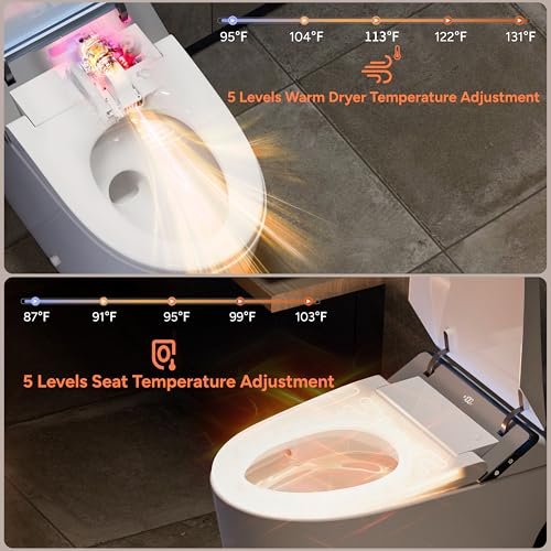 Smart Toilet with Bidet Built in, Toilets with Tank, Auto Open Close, Auto Flush, Foot Sensor, Heated Seat, Warm Water, Foam Dispenser, Elongated Bidets for Modern Bathroom, Remote, Night Light