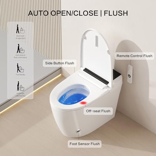 Smart Toilet with Built-In Bidet, Heated Seat, Dual Auto Flush with Foot Sensor, Tankless Design, Warm Water Wash & Dry, Modern Elongated Electric Toilet, LED Display, 1000g MAP, 1.28GPF