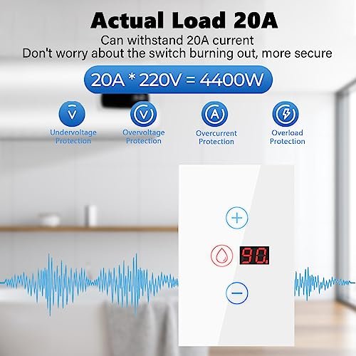 Smart Water Heater Switch, 20A Water Heater Timer with Energy Monitoring, Manual Adjustment Countdown, Compatible with Amazon Echo and Google Home, Neutral Wire Required, 2.4GHz WiFi Only
