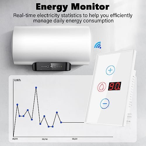 Smart Water Heater Switch, 20A Water Heater Timer with Energy Monitoring, Manual Adjustment Countdown, Compatible with Amazon Echo and Google Home, Neutral Wire Required, 2.4GHz WiFi Only